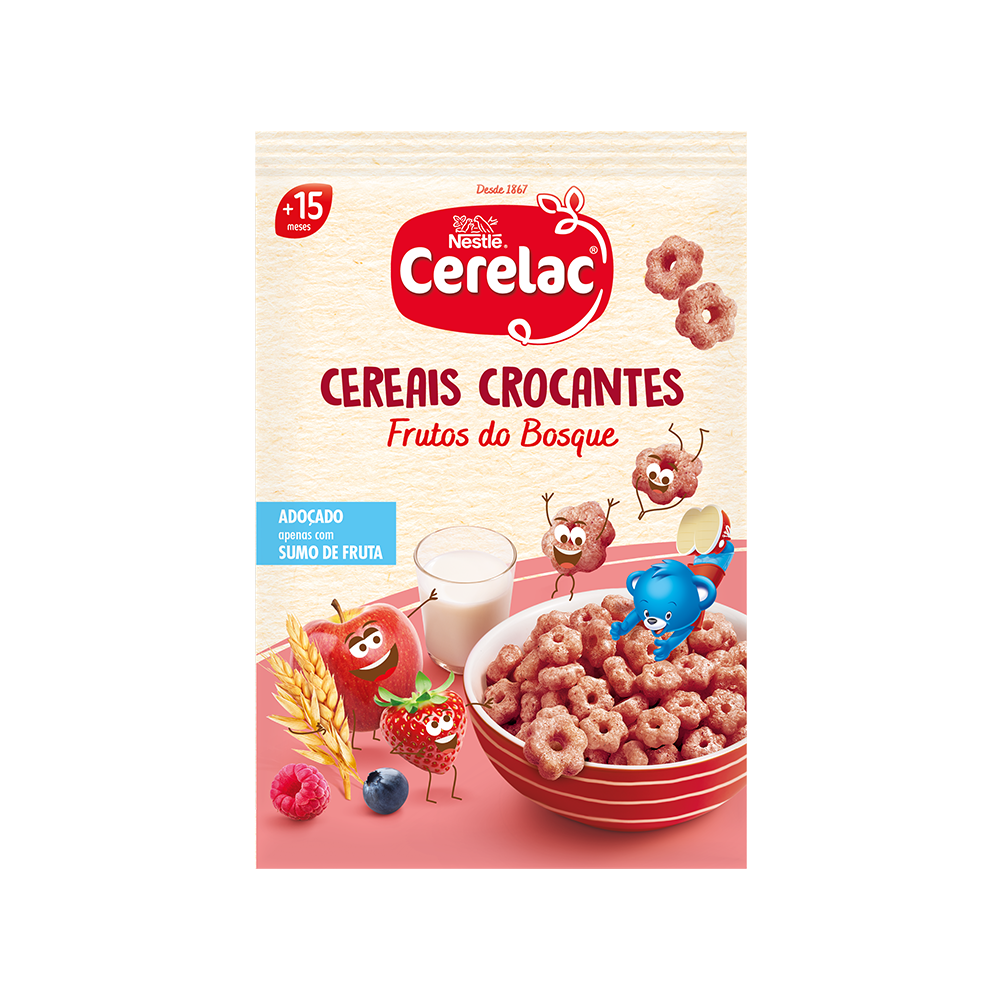 Cerelac box packaging with bowl of red berry crunchy cereal and teddy bear mascots