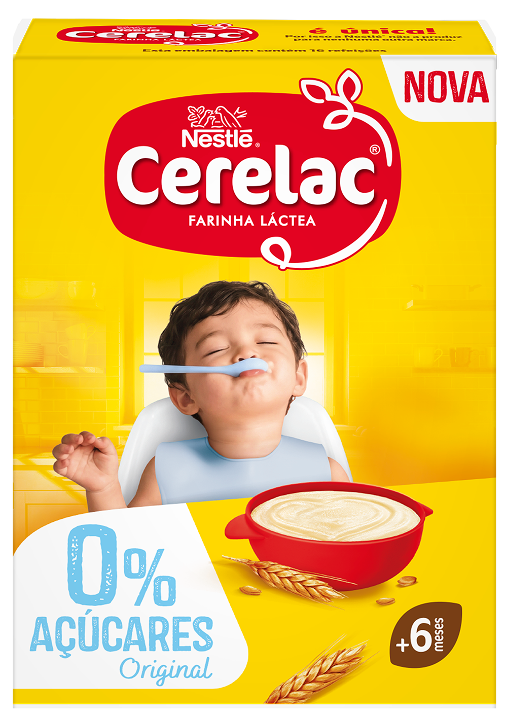 Photograph of smiling baby on yellow Nestlé Cerelac cereal box with bowl and '0% sugars' label