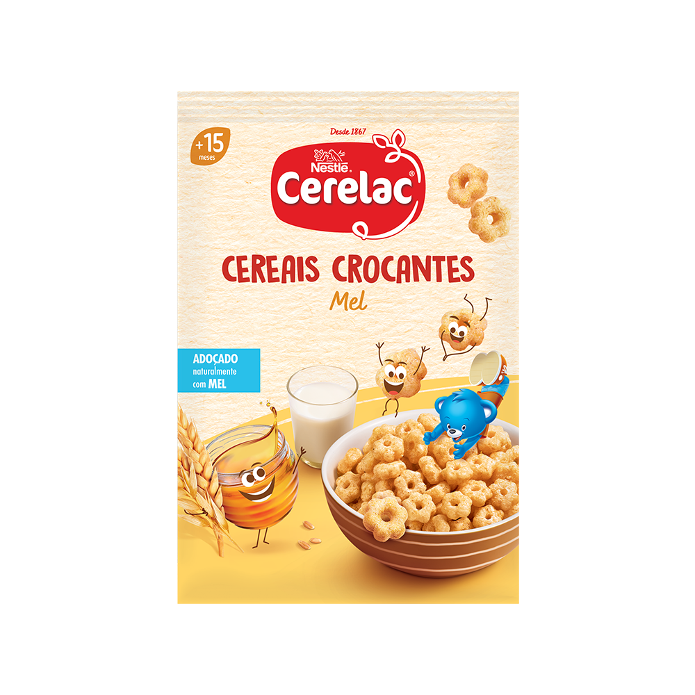 Cerelac cereal box graphic with bowl of honey crunchy rings, wheat and smiling cartoon bear