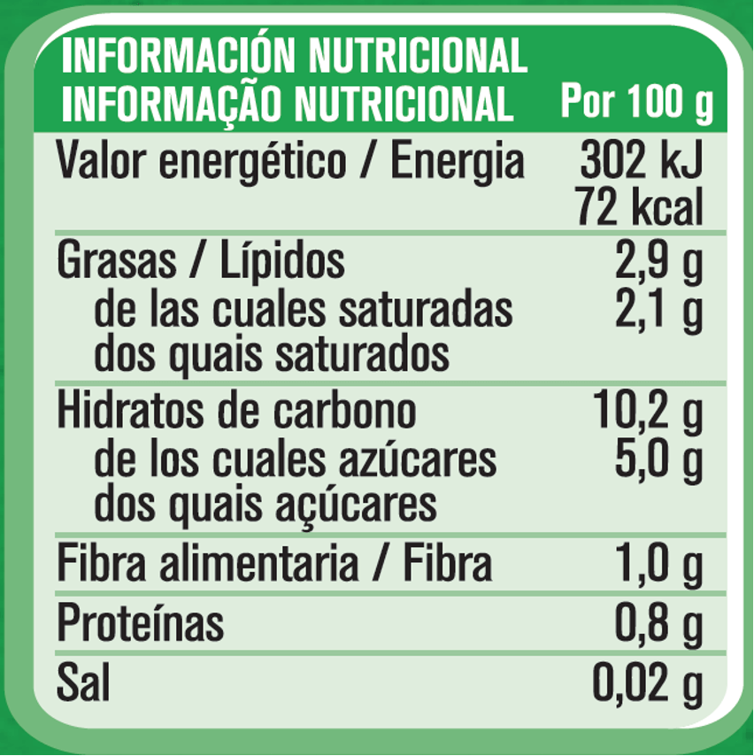 Informação Nutricional - GERBER 100% vegetal com Leite de Coco, Manga e Kiwi