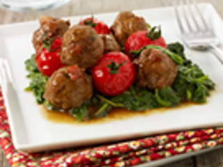 Almôndegas de Vaca com Tomate Confitado e Espinafres Bebé