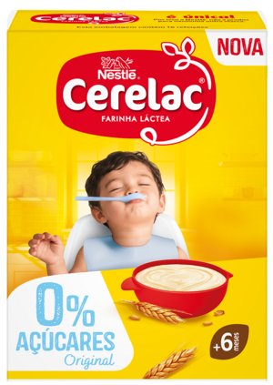Photograph of smiling baby on yellow Nestlé Cerelac cereal box with bowl and '0% sugars' label