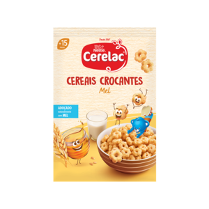 Cerelac cereal box graphic: bowl of honey-coated ring cereal, spoon and cartoon bears.