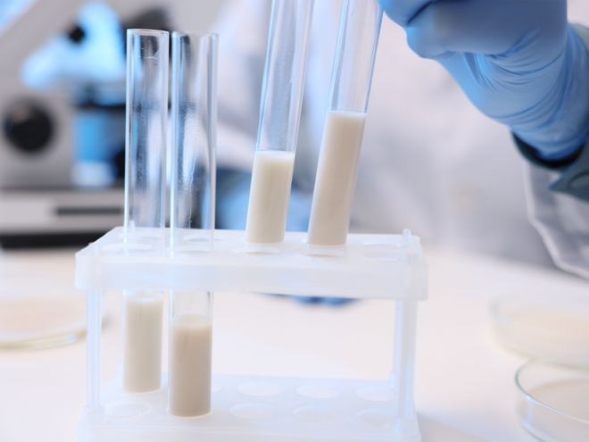 Photo: three test tubes with milky liquid in a rack, gloved hand adjusting one