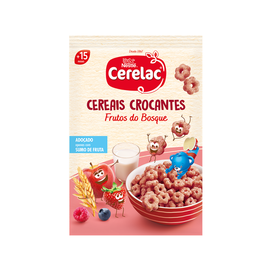 Cerelac box packaging with bowl of red berry crunchy cereal and teddy bear mascots