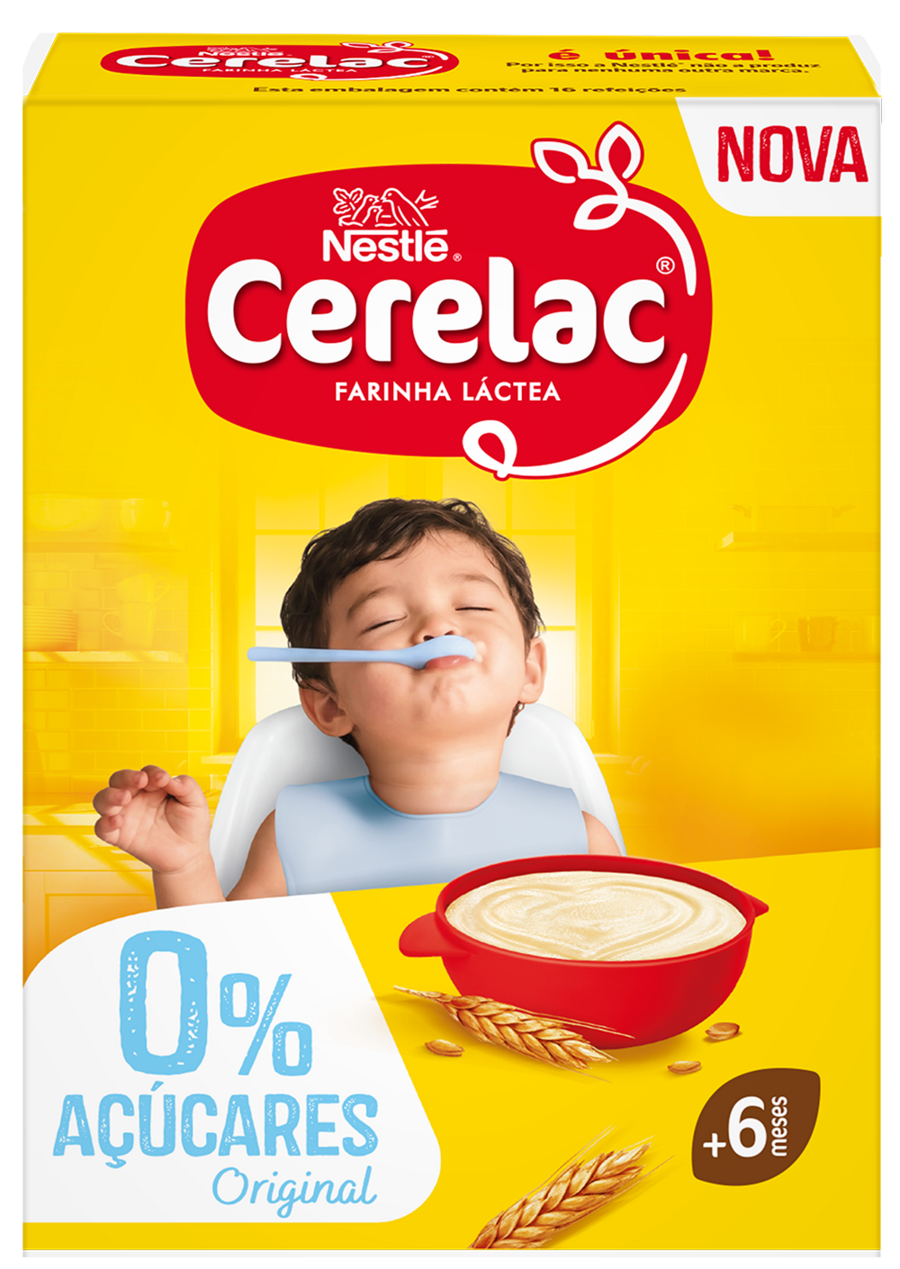 Photograph of smiling baby on yellow Nestlé Cerelac cereal box with bowl and '0% sugars' label