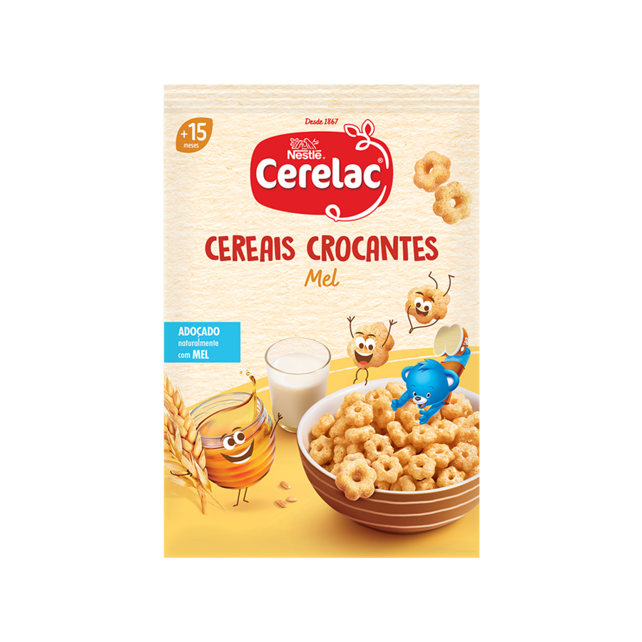 Cerelac cereal box graphic with bowl of honey crunchy rings, wheat and smiling cartoon bear