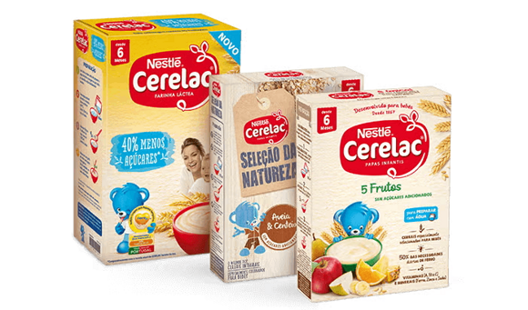 Gama Cerelac Farinha Láctea, Cerelac Seleão Natureza e Cerelac 5 Frutos Gama Cerelac Farinha Láctea, Cerelac Seleão Natureza e Cerelac 5 Frutos