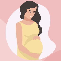 Illustration of a smiling pregnant woman in a yellow dress cradling her belly, pink background