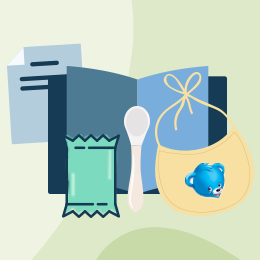 Illustration of baby items: bib, spoon, pacifier, wrapped wipe, open book, box