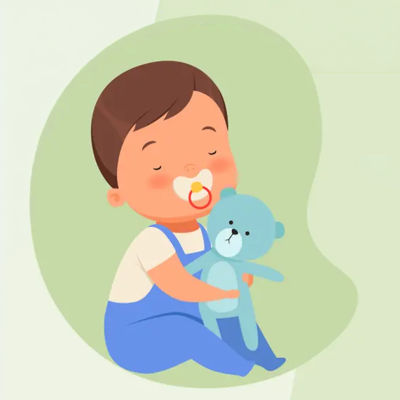 Cartoon toddler with pacifier sitting and hugging a blue teddy bear on green background