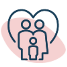 Graphic: heart enclosing two adults and a child silhouette on a pink blob background